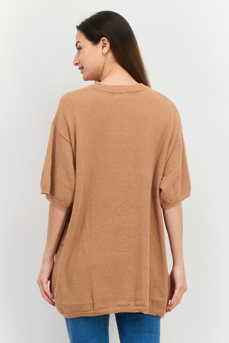 MANGO Women Round Neck Eyelet Pattern Sweater, Brown  - Image 3