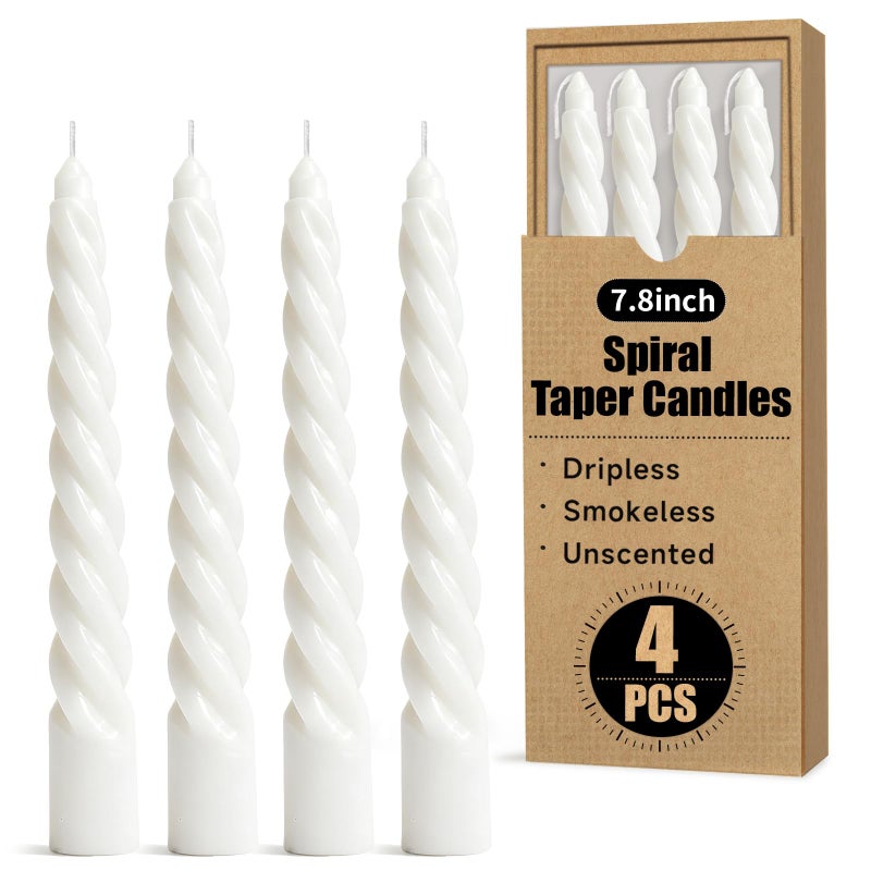 KORCCI 8 Inch 4Pack Spiral Taper Candles，Smokeless & Unscented & Dripless, for Weddings, Birthdays, Dinner Parties, Rituals, Prayer, Birthdays, Meditation - Image 1