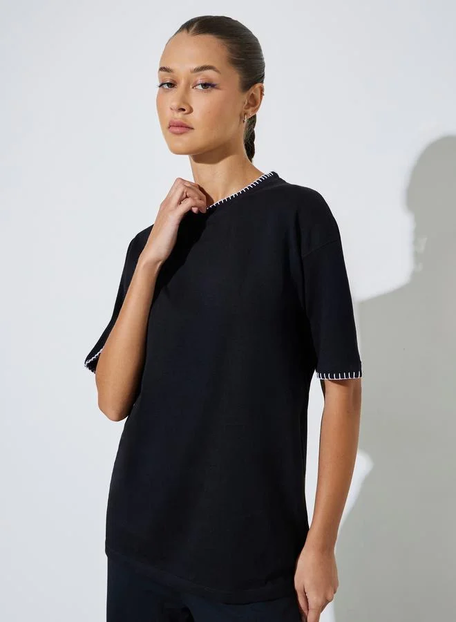 Styli Black Contrast Stitching T-Shirt and Wide Leg Side Slit Joggers Set