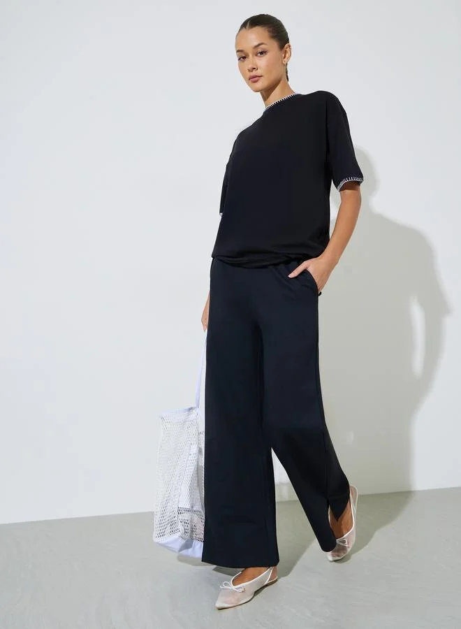 Black Contrast Stitching T-Shirt and Wide Leg Side Slit Joggers Set