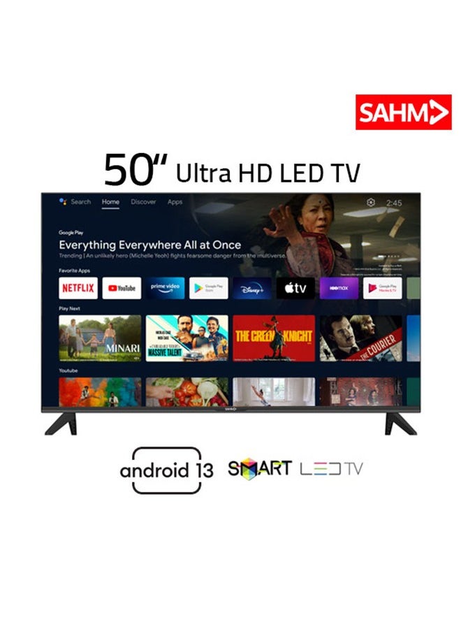SAHM - 50 Inch 4K UHD Smart LED TV with Android 13, 3840x2160 Resolution, 5000:1 Contrast, 16:9 Aspect Ratio, 200 cd/m² Luminance, 3 HDMI & 2 USB Ports, 4ms Response, 176° Viewing Angle, Sleep Timer, Mount Compatible | Model No: SHM-50LPS - Image 1