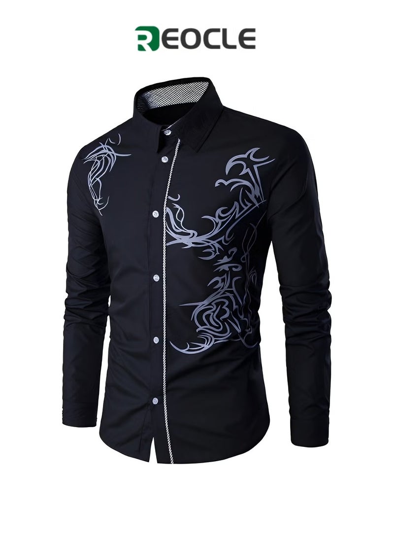 REOCLE - Men's Shirts Print Button Down Dress Shirt Fashion Long Sleeve Casual Shirts Slim Fit Shirts Stretch Dress Shirt Wrinkle-Free Regular Fit Shirts - Image 1