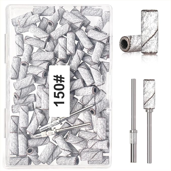 BLESWIN 100pcs 240 Grit Small Sanding Bands for Nail Drill with 2pcs 332 Upgrade Mandrels Bits Mini Sanding Bands for Nail Drill for Manicure Nail Salon and Nail Enthusiasts Use White - Image 1