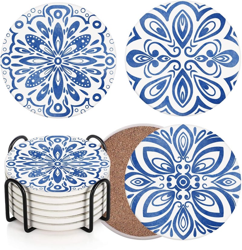 Bribay Coaster for Drinks Set of 6, Floral Ceramic Blue Mandala Flower Absorbent Round Ceramic Stone Mat, with Cork Base and Metal Holder, Gift for Housewarming Room Bar Decor - Image 1