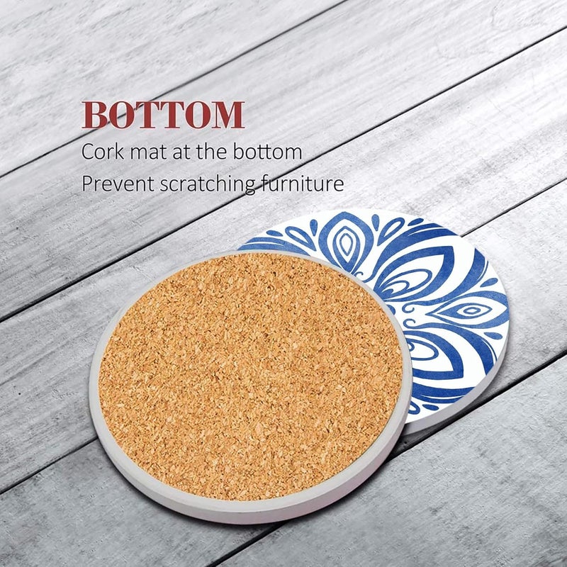 Bribay Coaster for Drinks Set of 6, Floral Ceramic Blue Mandala Flower Absorbent Round Ceramic Stone Mat, with Cork Base and Metal Holder, Gift for Housewarming Room Bar Decor - Image 2