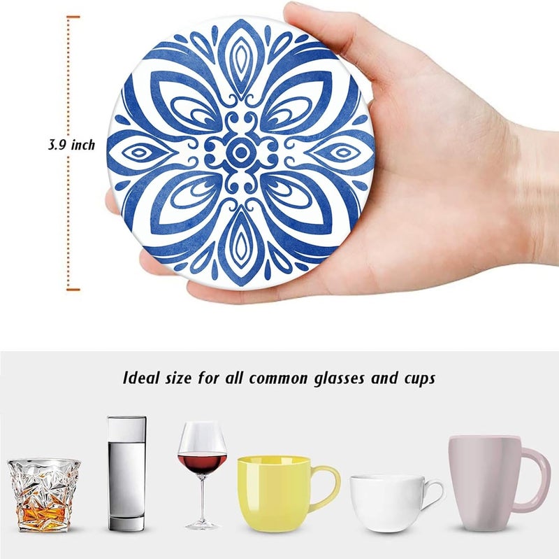 Bribay Coaster for Drinks Set of 6, Floral Ceramic Blue Mandala Flower Absorbent Round Ceramic Stone Mat, with Cork Base and Metal Holder, Gift for Housewarming Room Bar Decor - Image 4