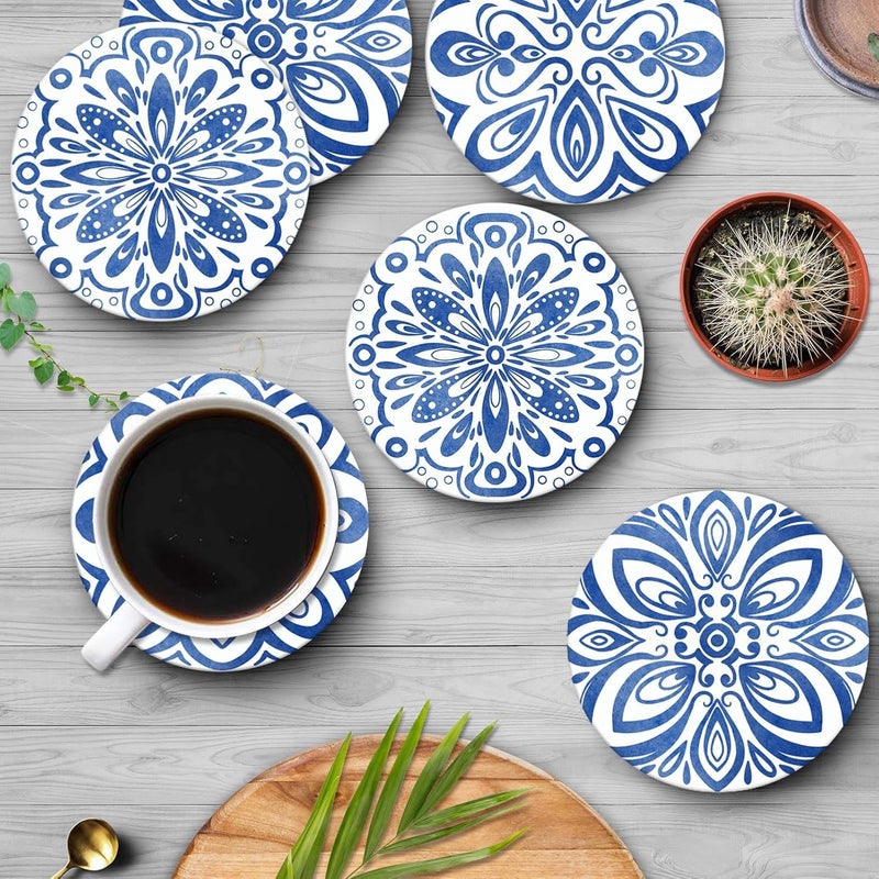 Bribay Coaster for Drinks Set of 6, Floral Ceramic Blue Mandala Flower Absorbent Round Ceramic Stone Mat, with Cork Base and Metal Holder, Gift for Housewarming Room Bar Decor - Image 5