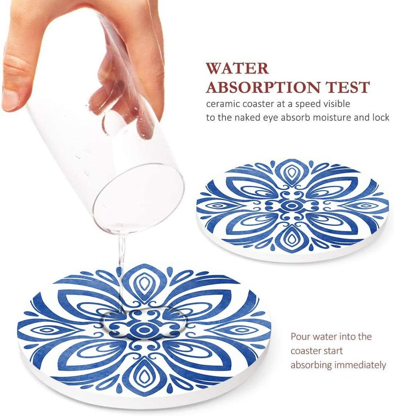 Bribay Coaster for Drinks Set of 6, Floral Ceramic Blue Mandala Flower Absorbent Round Ceramic Stone Mat, with Cork Base and Metal Holder, Gift for Housewarming Room Bar Decor - Image 3