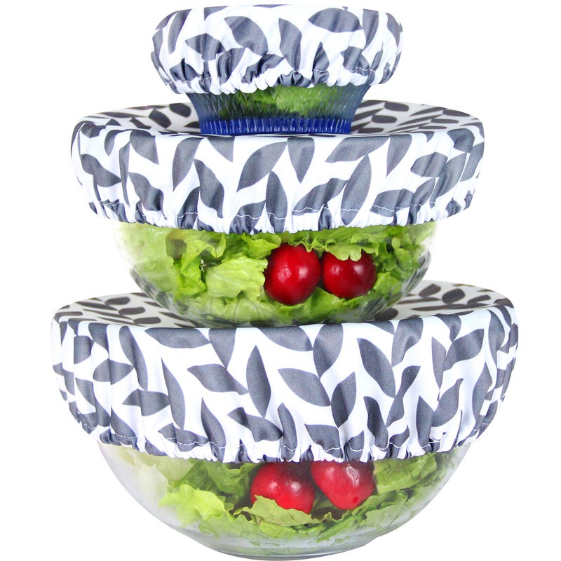 Wegreeco wegreeco Elastic Reusable Bowl Covers  Set of 3 Grey Leaf 
