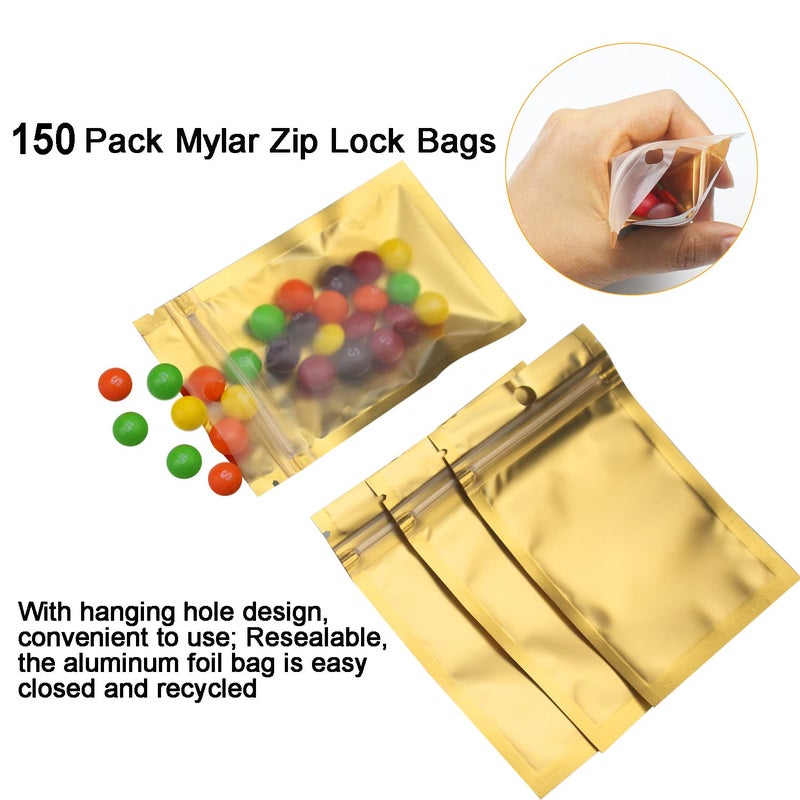 Luckkyme حقائب زيب لوك ميار من لوكيما 150 حزمة، أكياس ألمنيوم متينة مزدوجة الجوانب، أكياس فويل معدنية مسطحة صغيرة 7.5 × 12 سم / 3 × 4.7 بوصة (ذهبي) - Image 5
