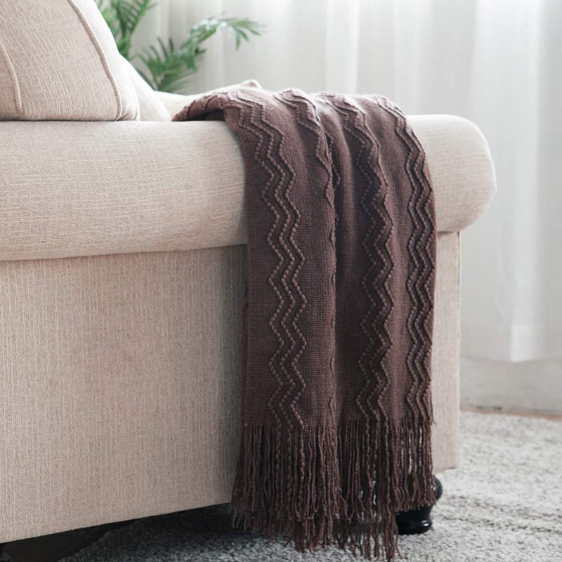 BOURINA Throw Blanket Textured Solid Soft Sofa Throw Couch Cover Knitted Decorative Blanket  60""x80"" Brown - Image 1