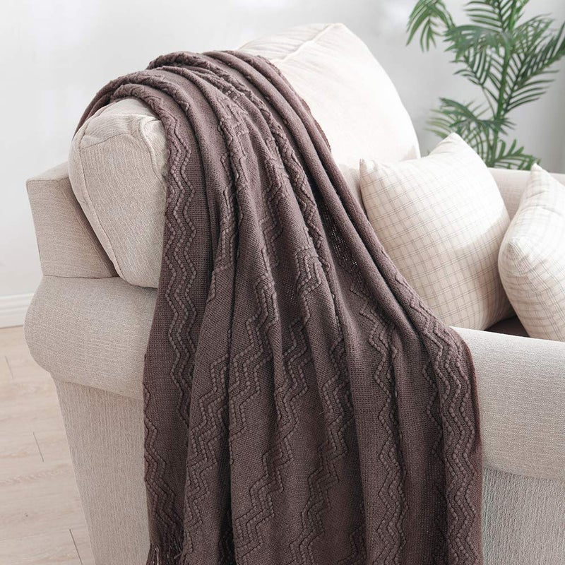 BOURINA Throw Blanket Textured Solid Soft Sofa Throw Couch Cover Knitted Decorative Blanket  60""x80"" Brown - Image 2