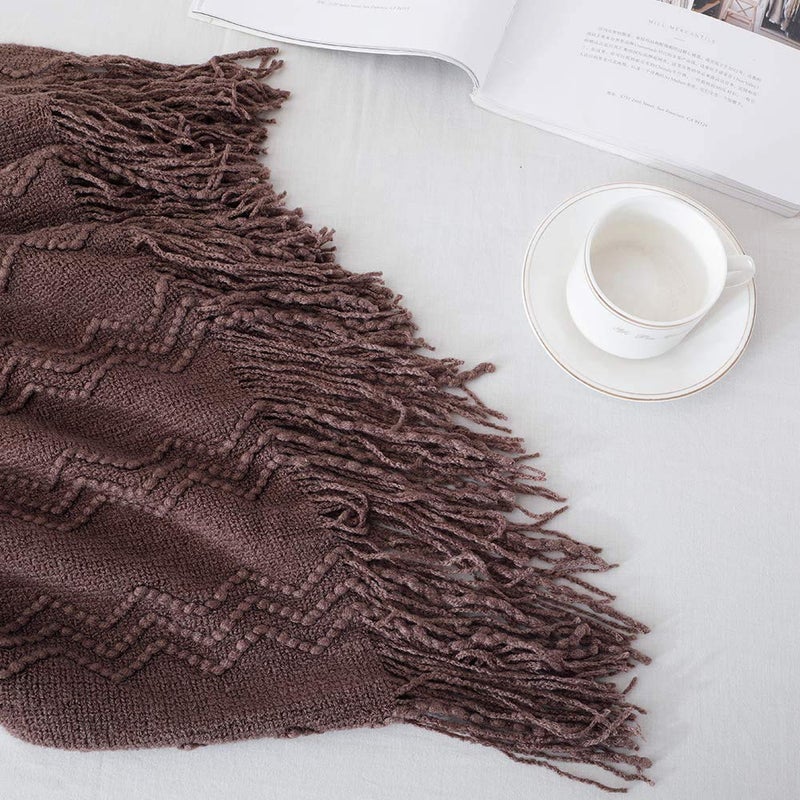 BOURINA Throw Blanket Textured Solid Soft Sofa Throw Couch Cover Knitted Decorative Blanket  60""x80"" Brown - Image 3