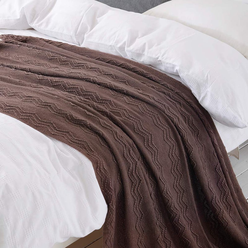 BOURINA Throw Blanket Textured Solid Soft Sofa Throw Couch Cover Knitted Decorative Blanket  60""x80"" Brown - Image 4