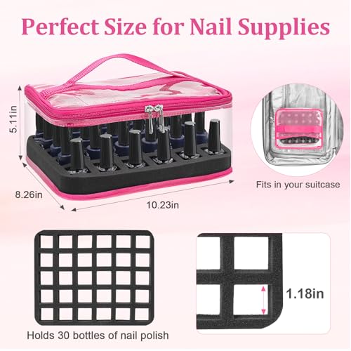 Subay Nail Polish Organizer Clear Nail Polish Storage Organizer Case Holds 30 Bottles Portable PVC Nail Travel Bag for Nail Polish Display Nail Supplies Kit Bag for Nail Tech Organization Rose Red - Image 3