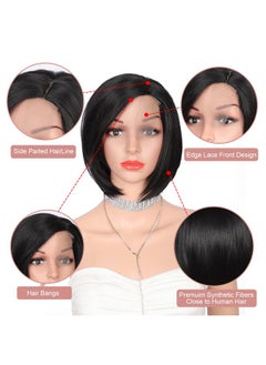 Kalyss Kalyss Short Straight Bob Wig with Bangs Colorful Wigs Cosplay Party Wig for Women Heat Trsistant Human Hair Blended Wig Halloween Party Cospaly Use (10''Black)  - Image 3