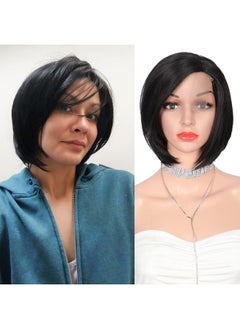 Kalyss Kalyss Short Straight Bob Wig with Bangs Colorful Wigs Cosplay Party Wig for Women Heat Trsistant Human Hair Blended Wig Halloween Party Cospaly Use (10''Black)  - Image 2