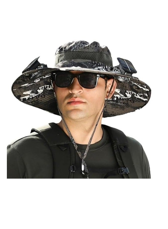 PADOM Solar Fan Hat Wide Brim Outdoor Sun Hat with 2 Solar Fan Fishing Hat - Removable & USB Charging Fan - Image 1