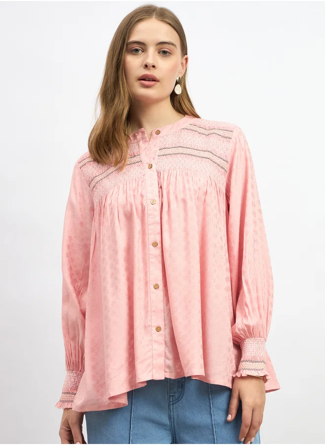 Styli Embroidered Balloon Sleeve Smocked Detail Top