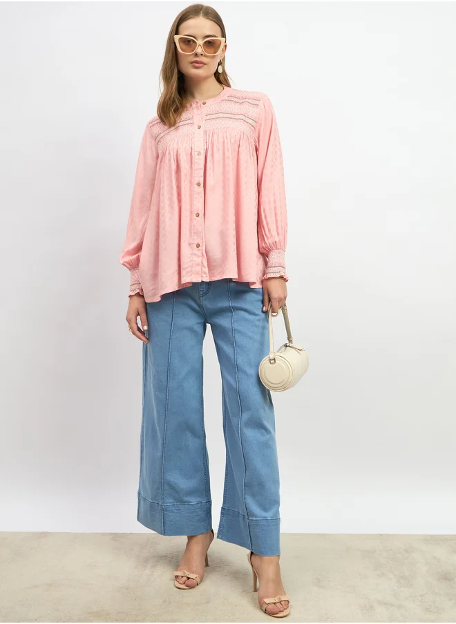 Styli Embroidered Balloon Sleeve Smocked Detail Top