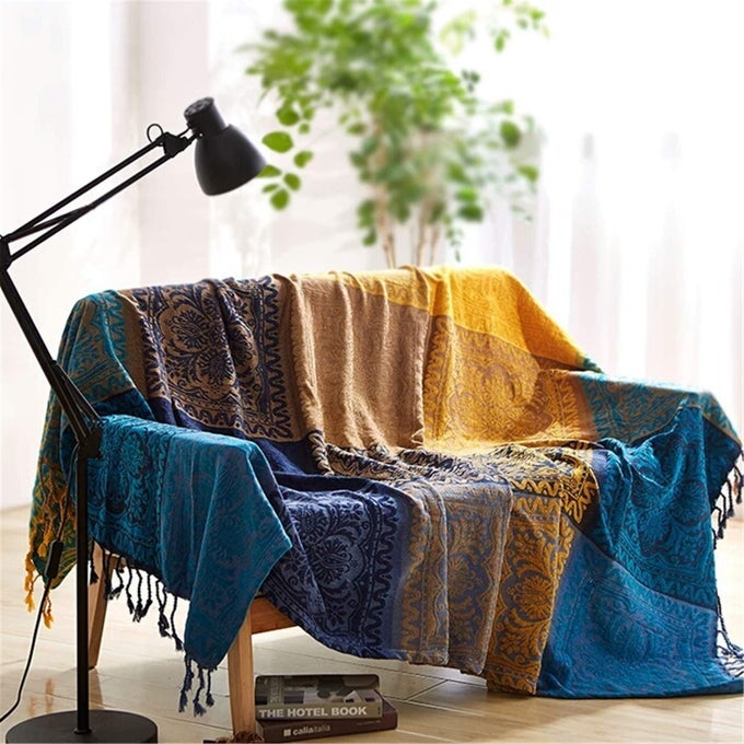 BOHEMIAN THROW BLANKET FOR COUCHCOLORFULCHENILLE TASSELS BOHO WOVEN HIPPIE THROW BLANKETSFOR COUCH BED SOFA CHAIR RECLINER LOVESEAT BOHEMIAN FRINGE TASSELS DECOR HOME BLUE LARGE 86102INCHES