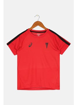 Asics Kids Boy Short Sleeve Brand Logo Training T shirt, Red Combo  - Image 1