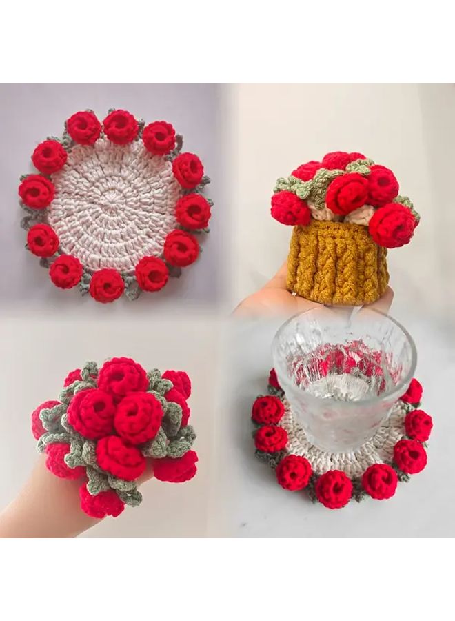 Orange Rose Crochet Coaster Bouquet with Potting Base Gift for Party Decor - Image 1