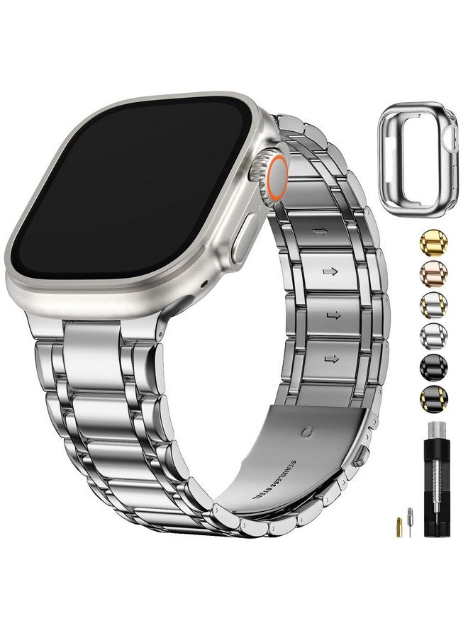 Fullmosa Fullmosa Compatible Apple Watch Bands 49mm 45mm 44mm 42mm 41mm 40mm 38mm, Stainless Steel iWatch Band with Case Metal Strap for Apple Watch Series Ultra Ultra 2 8 7 6 5 4 3 2 1 SE,49mm Silver - Image 1