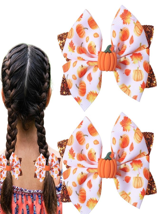 SARATA Hair Bow Clips Glitter Pumpkin Hair Bows Thanksgiving Day Orange Hair Clip Autumn Bowknot Hairpins Hairgrips for Ribbon Barrette Thanksgiving Day Headwear Hair Access 2PCS - Image 1
