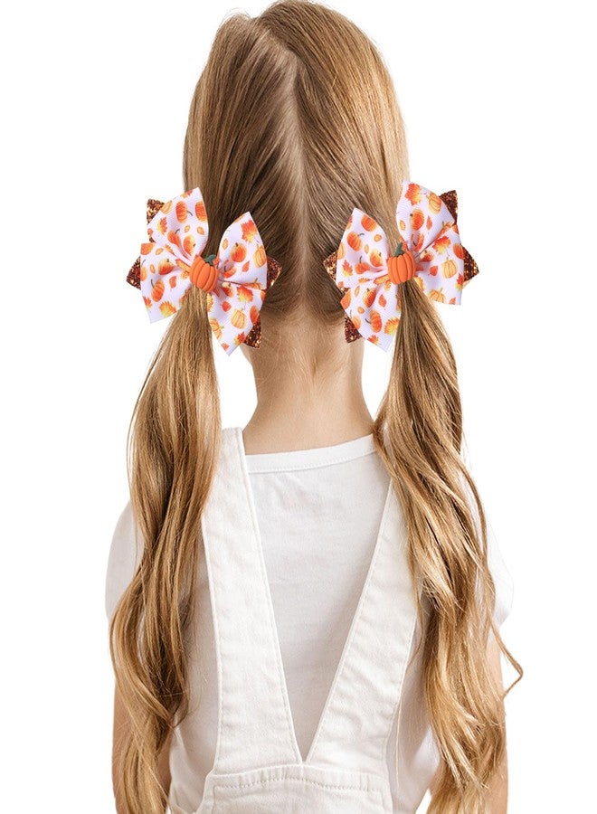 SARATA Hair Bow Clips Glitter Pumpkin Hair Bows Thanksgiving Day Orange Hair Clip Autumn Bowknot Hairpins Hairgrips for Ribbon Barrette Thanksgiving Day Headwear Hair Access 2PCS - Image 3