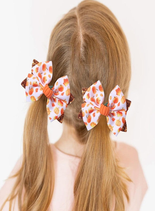 SARATA Hair Bow Clips Glitter Pumpkin Hair Bows Thanksgiving Day Orange Hair Clip Autumn Bowknot Hairpins Hairgrips for Ribbon Barrette Thanksgiving Day Headwear Hair Access 2PCS - Image 2