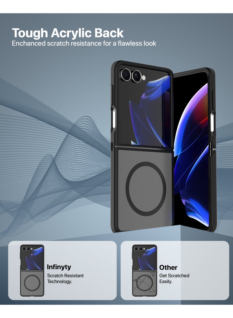 لانهاية غطاء Samsung Flip7 بملمس متجمد – جليم (أسود) بجهة خلفية مطفية، متوافق مع الشحن اللاسلكي، حماية بمعيار عسكري ضد السقوط، خلفية نصف شفافة متجمدة، زوايا بوسادة هوائية، لمسة ناعمة، مقاوم للخدوش، غطاء هجين - Image 2