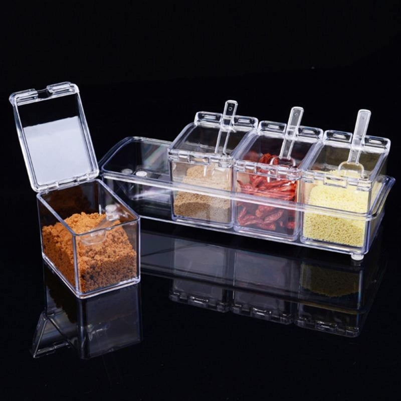 Transparent 4 In 1 Spice Box With Spoon Set Seasoning Container Kitchen Tool - Image 3