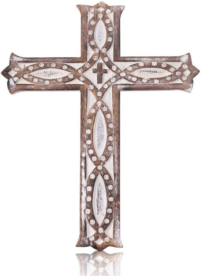 S.B.ARTS Christian Wooden Wall Cross Handmade Antique Design Hanging Wall Crucifix with Hand Carvings Hanging Cross for Wall Decor Church Hanging Ornament, Living Room Home Decor Small 8 Inches- White - Image 1