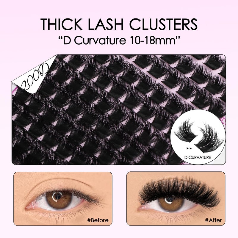 SOFENIDA Lash Clusters Kit Thick 200D Lash Extension Kit 10-18mm Volume Cluster Lashes D Curvature Cluster Eyelash Extensions DIY Lash Extension kit at Home(200D-10-18MIX Thick Kit) - Image 2