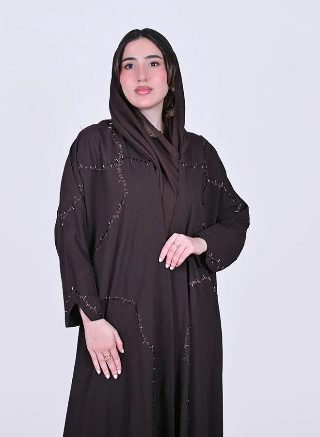 عبايات حوراء عباية لف بلون بني بتطريز وشك عشوائي على كامل العباية
