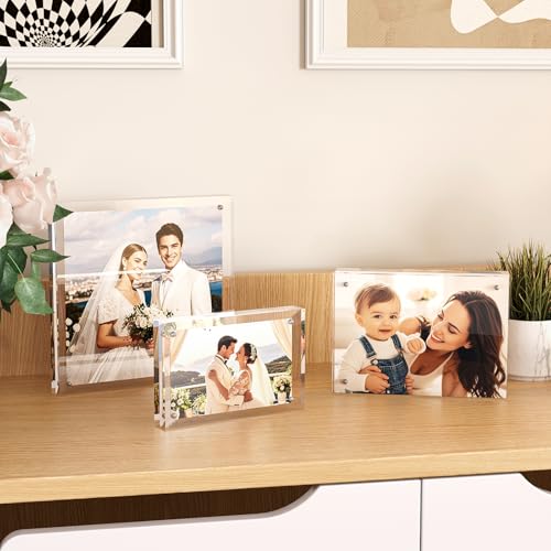 Egofine 4x6 Acrylic Frames 6 Pack, 20mm Thicker Frameless Clear Picture Frames, Double Sided Magnetic Picture Frames, Free Standing Desktop Display - Image 5