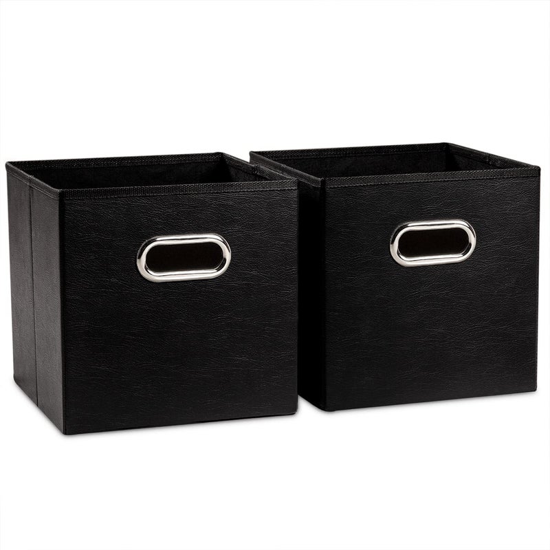 PRANDOM Leather Foldable Cube Storage Bins 11x11 inch 2Pack Fabric Storage Baskets Cubes Drawer with Cotton Handles Organizer for Shelves Nursery Closet Bedroom Clothes Black