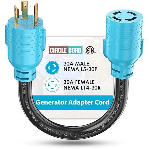 CircleCord NEMA L5-30P to L14-30R Adapter Cord, 4 to 3 Prong Generator Transfer Switch Adapter, 30 Amp Generator Twist Lock 3 to 4 Prong House Inlet Box, STW 10 AWG Blue - Image 1