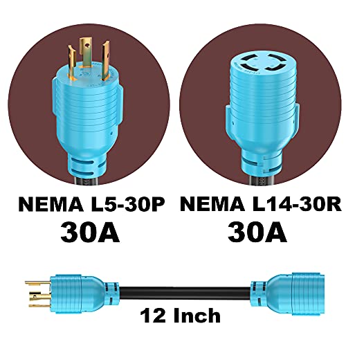 CircleCord NEMA L5-30P to L14-30R Adapter Cord, 4 to 3 Prong Generator Transfer Switch Adapter, 30 Amp Generator Twist Lock 3 to 4 Prong House Inlet Box, STW 10 AWG Blue - Image 2