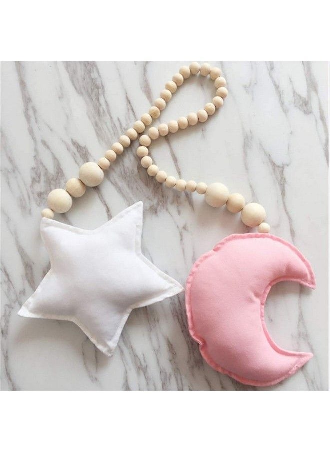 Baby Bucket - Nordic Wooden Beads Ornament Double Star Moon Kids Room Decoration Baby Crib Tent Hanging Pendant Wall Decor Photography Props [Pinkmoon+Star] - Image 1