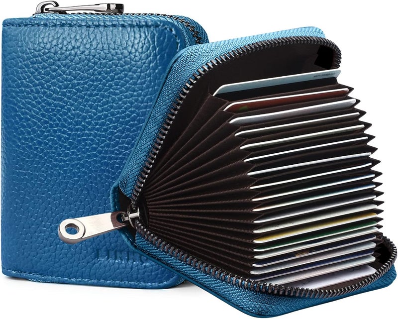 Linno RFID 20 Slots Credit Card Holder Genuine Leather Small Wallet for Women or Men with Zipper - Image 1