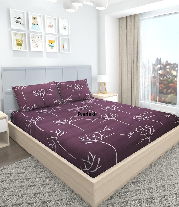 BEST FITTED WITH ELASTIC BEDSHEET PLATINUM PRINTED BEDSHEETS DOUBLE KING SIZE BEDSHEETS WITH 2 PILLOW COVERS GLACE COTTON BEDSHEET | 78 X 72 (MAROON TREE)