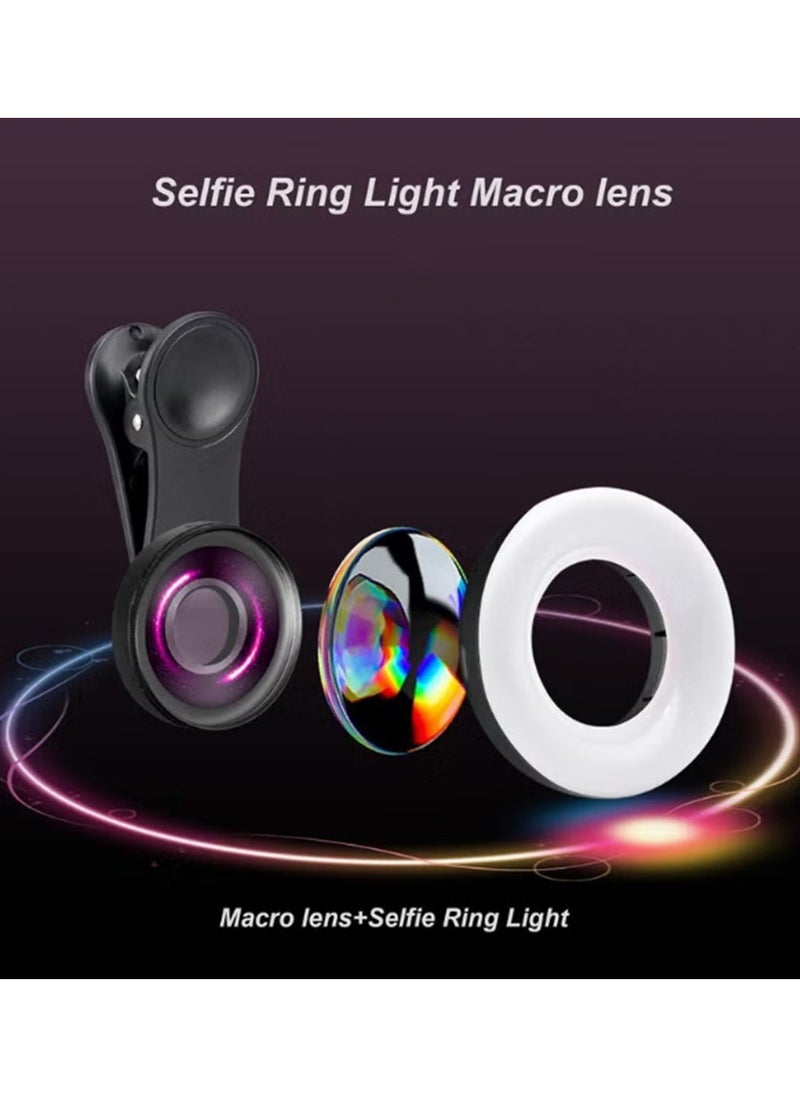Macro Lens for iPhone and Android with Mini Clip Ring Light, Portable Rechargeable Dimming, for Smart Phone Photography, Camera Video Recording, VLOG (Black)