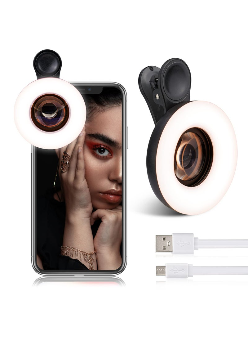 Generic - Macro Lens for iPhone and Android with Mini Clip Ring Light, Portable Rechargeable Dimming, for Smart Phone Photography, Camera Video Recording, VLOG (Black) - Image 1