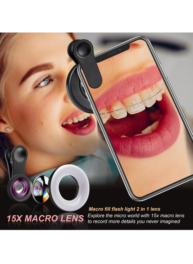 Generic - Macro Lens for iPhone and Android with Mini Clip Ring Light, Portable Rechargeable Dimming, for Smart Phone Photography, Camera Video Recording, VLOG (Black) - Image 1