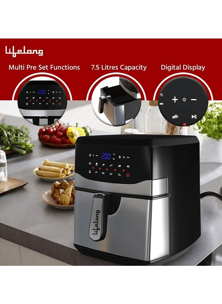 Lifelong Lifelong ﻿﻿ Digital Air Fryer LLHFD722, 7.5 Litre XL LED Touch Screen, 12 Preset Cooking Modes, 1400 W, 85% Fat Reduced, (Silver & Black)  - Image 2