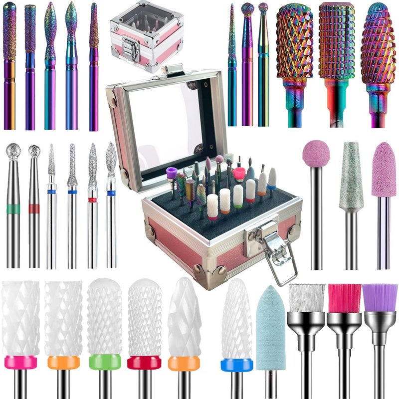 XDONEF 30Pcs Nail Drill Bits Set with Cute Nail Drill Bits Holder Case Nail Drill Bits for Acrylic Nails Professional Ceramic Drill Bit Diamond Carbide Cuticle Remover Efile Bits 3/32 Inch - Image 1