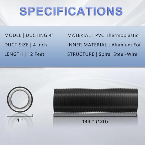 HYITCL 4 Inch Flexible Ducting Hose 12 Feet Black Aluminum Ducting -4 Layer Protection Dryer Vent Hose for HVAC Heating Cooling Ventilation and Exhaust, 2 Clamps Included - Image 2