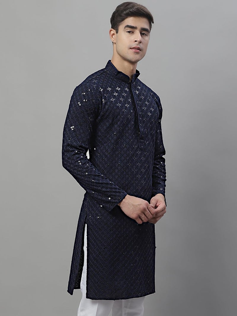 Jompers Men's Chikankari Embroidered and Sequence Kurtas Only (Navy, XXL) - Image 3